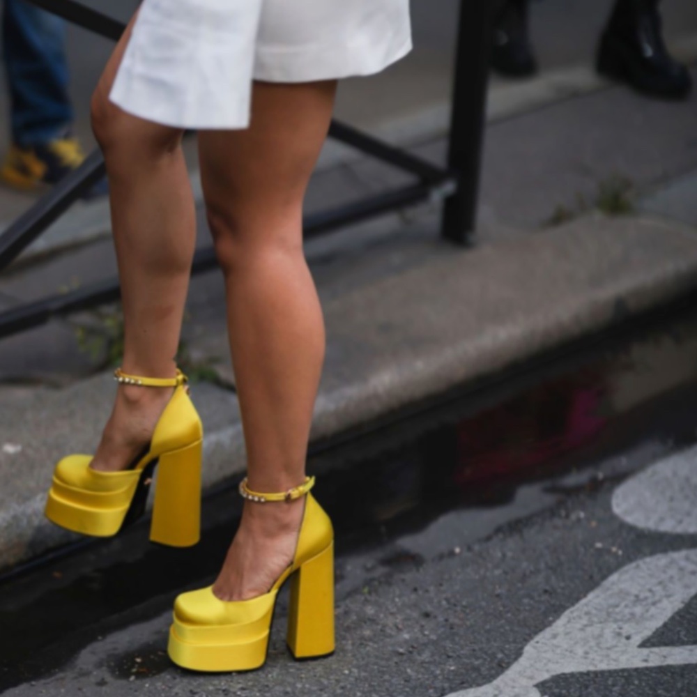 Versace Neon Aevitas Yellow Satin Platform Heels
